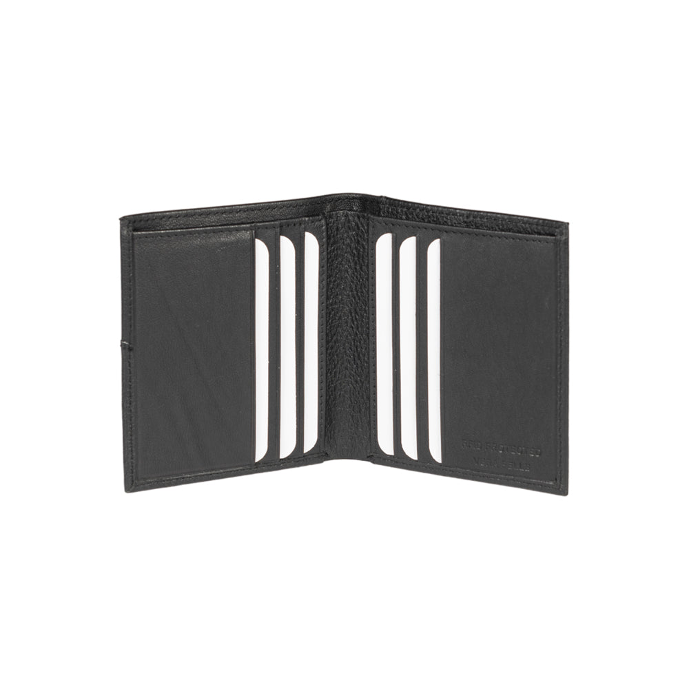 RB12113A | Vertical Wallet in Genuine Full-Grain Leather, Dollar/Light Grain. Black. RFID Protection. Closed Dimensions: 9.5 x 10 x 1 cm. Packaging: Gift box bottom/lid